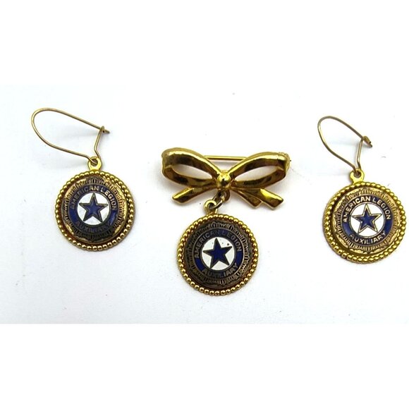 Vintage American Legion Auxiliary Pin & Earrings Set Gold-Tone Bow & Star Medall - Picture 1 of 4